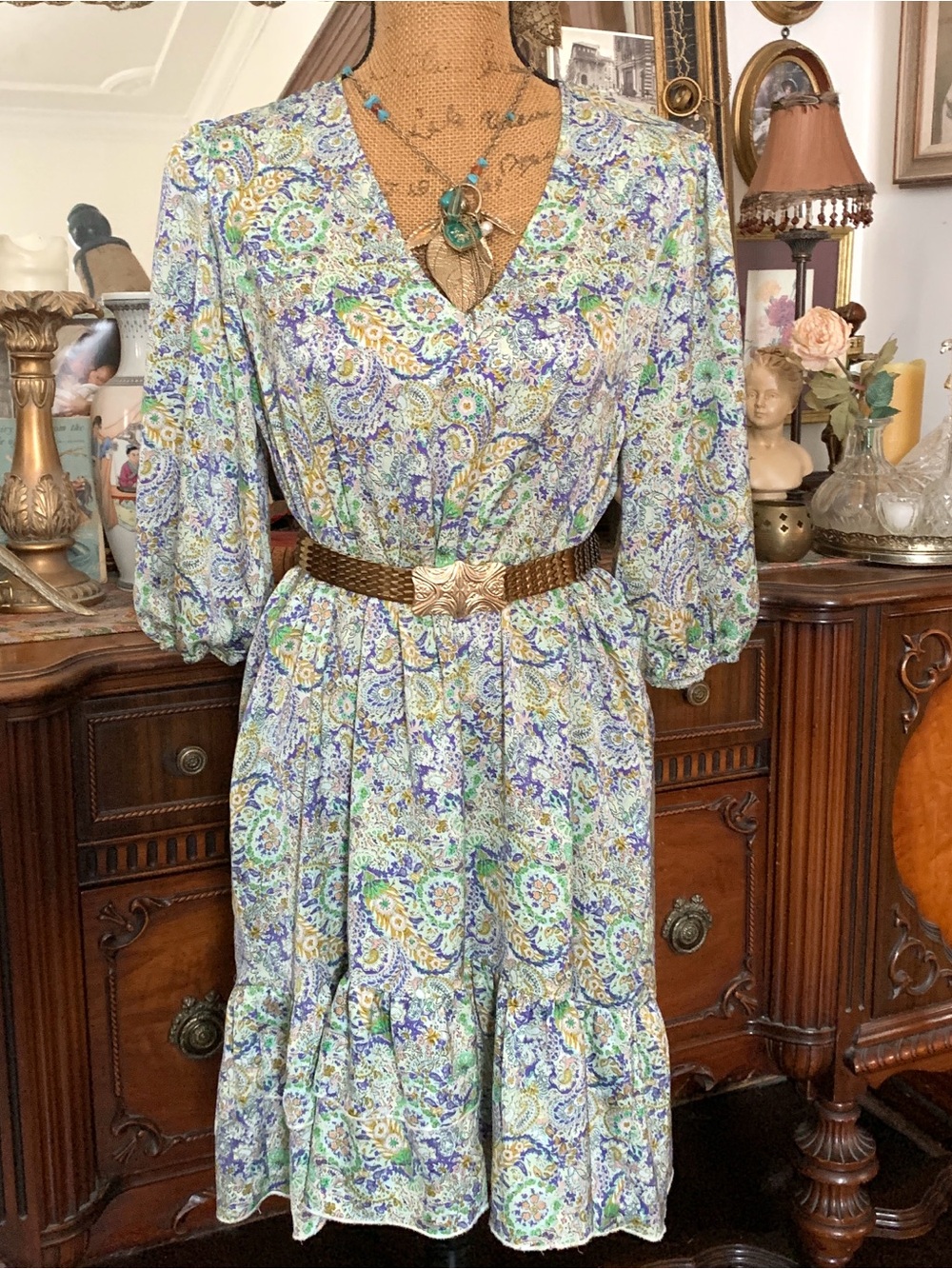 Pre-Loved Boho Cottagecore Paisley Floral Print Spring Summer Blouse Dress